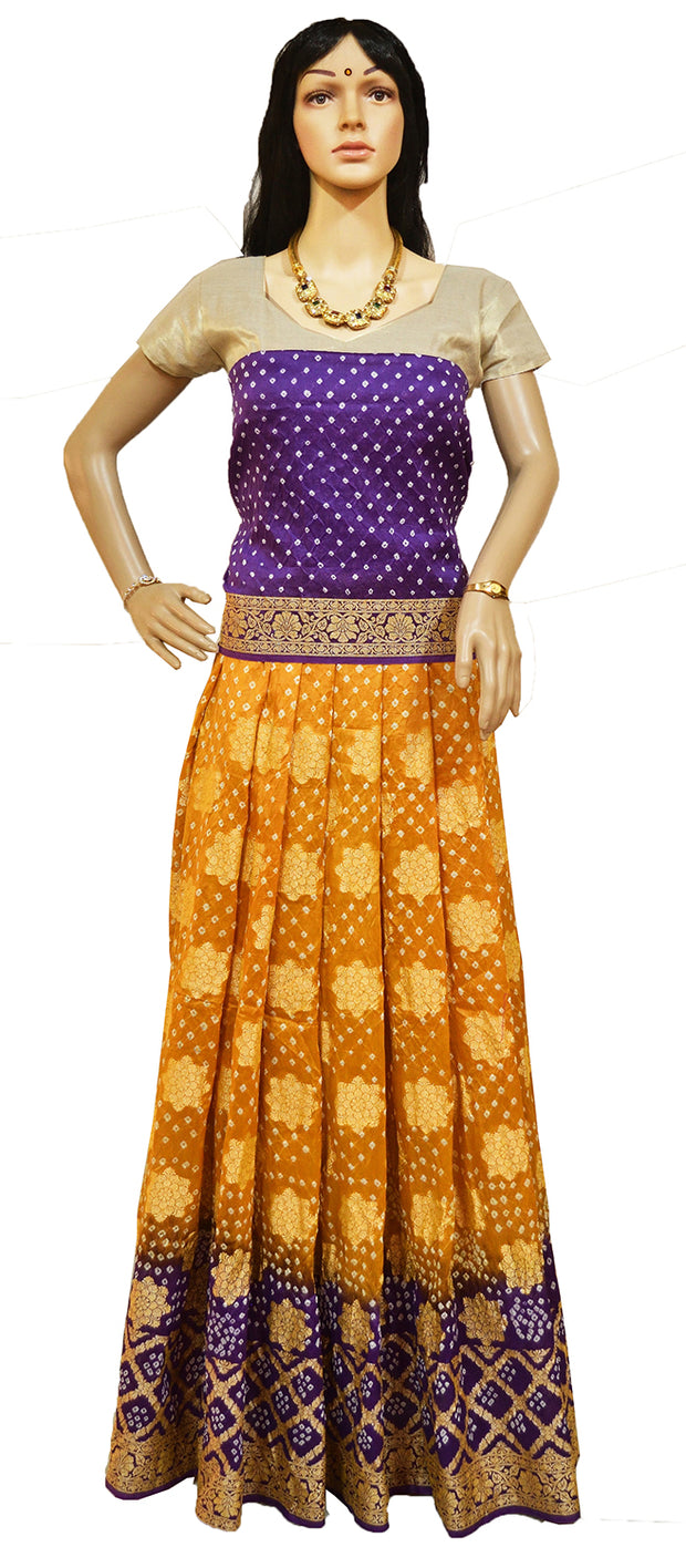 Pure Bandhini Gajji silk Ghagra Choli in mustard  & violet combo  (unstitched)