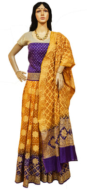 Pure Bandhini Gajji silk Ghagra Choli in mustard  & violet combo  (unstitched)