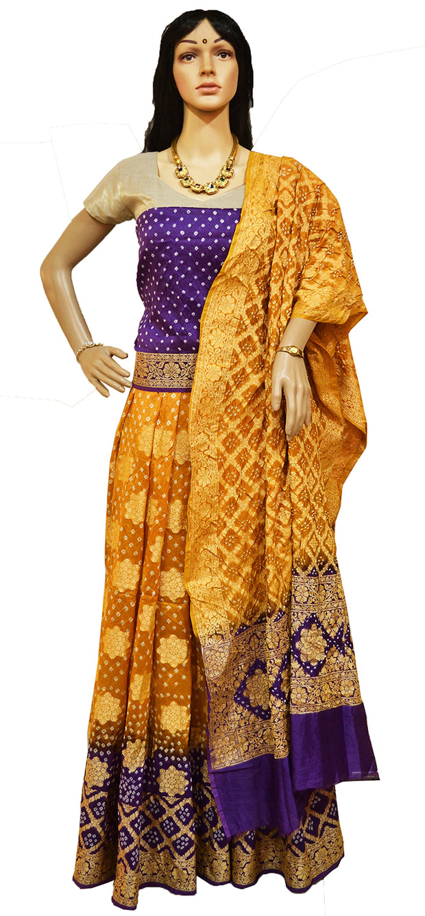 Pure Bandhini Gajji silk Ghagra Choli in mustard  & violet combo  (unstitched)