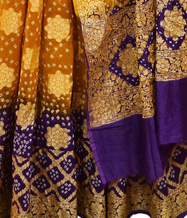 Pure Bandhini Gajji silk Ghagra Choli in mustard  & violet combo  (unstitched)