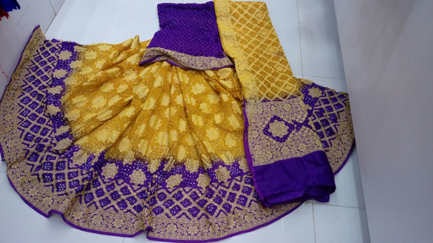 Pure Bandhini Gajji silk Ghagra Choli in mustard  & violet combo  (unstitched)