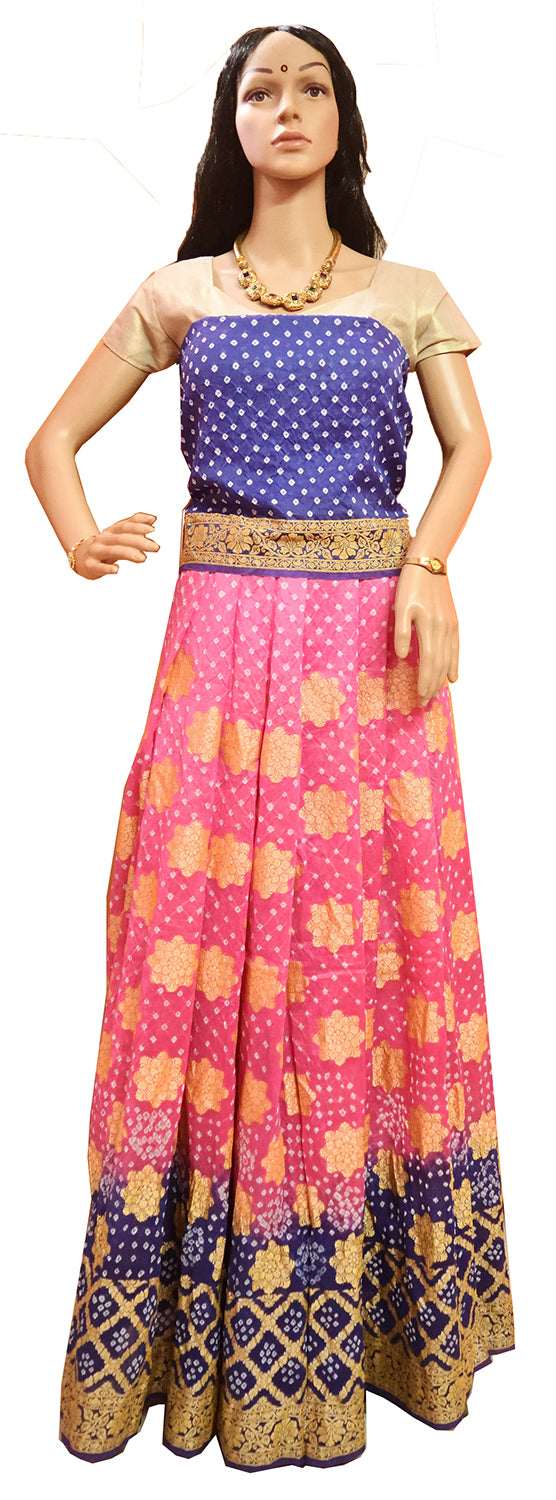 Pure Bandhini Gajji silk Ghagra Choli in pink  & blue combo  (unstitched)