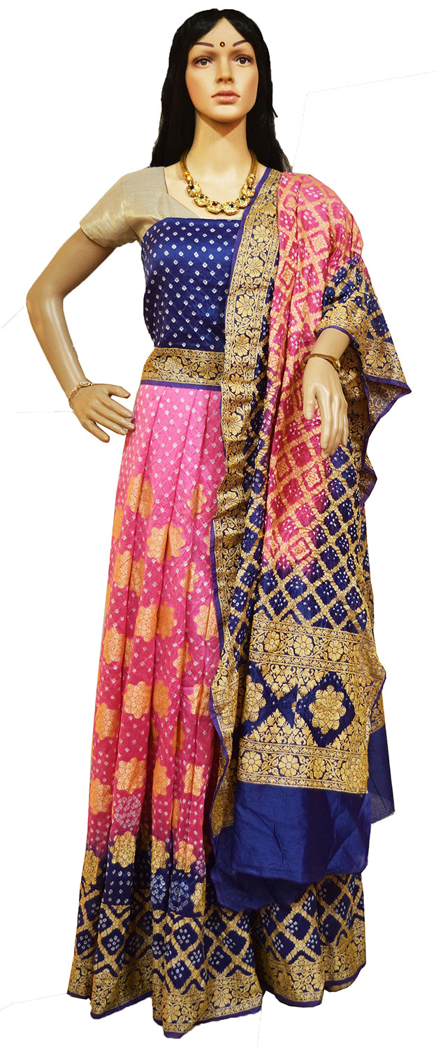 Pure Bandhini Gajji silk Ghagra Choli in pink  & blue combo  (unstitched)