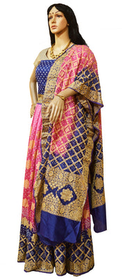 Pure Bandhini Gajji silk Ghagra Choli in pink  & blue combo  (unstitched)