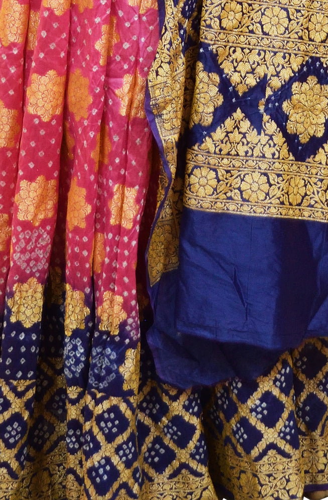 Pure Bandhini Gajji silk Ghagra Choli in pink  & blue combo  (unstitched)