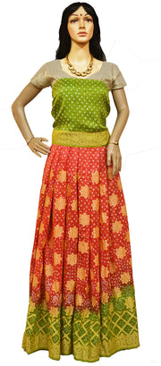 Pure Bandhini Gajji silk Ghagra Choli in orange  & green combo  (unstitched)