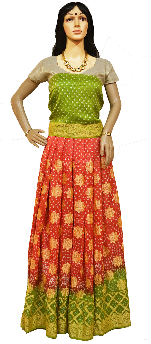 Pure Bandhini Gajji silk Ghagra Choli in orange  & green combo  (unstitched)