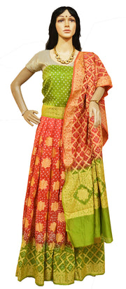 Pure Bandhini Gajji silk Ghagra Choli in orange  & green combo  (unstitched)