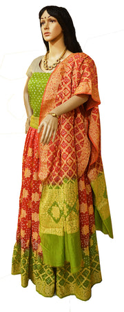 Pure Bandhini Gajji silk Ghagra Choli in orange  & green combo  (unstitched)