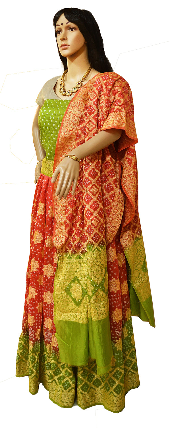 Pure Bandhini Gajji silk Ghagra Choli in orange  & green combo  (unstitched)