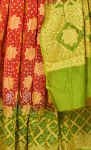 Pure Bandhini Gajji silk Ghagra Choli in orange  & green combo  (unstitched)