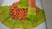 Pure Bandhini Gajji silk Ghagra Choli in orange  & green combo  (unstitched)