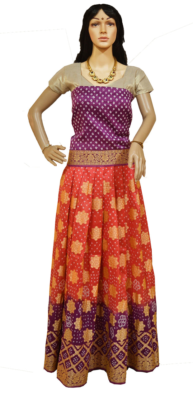 Pure Bandhini Gajji silk Ghagra Choli in orange  & violet combo  (unstitched)