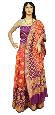 Pure Bandhini Gajji silk Ghagra Choli in orange  & violet combo  (unstitched)