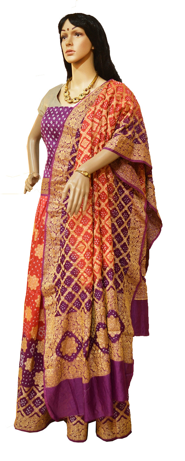 Pure Bandhini Gajji silk Ghagra Choli in orange  & violet combo  (unstitched)