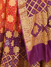 Pure Bandhini Gajji silk Ghagra Choli in orange  & violet combo  (unstitched)