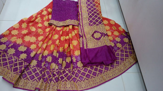 Pure Bandhini Gajji silk Ghagra Choli in orange  & violet combo  (unstitched)