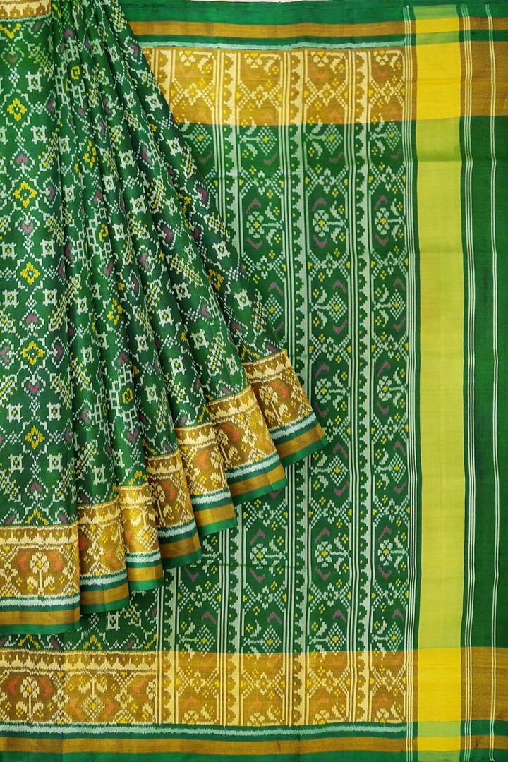 Handwoven Patola pure silk saree in  green in pan bhat pattern