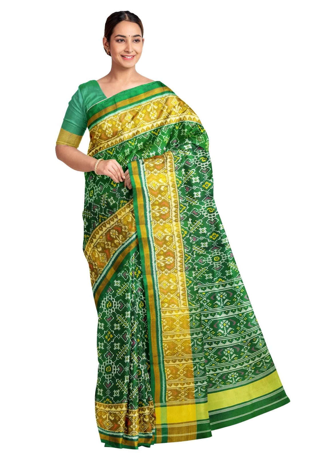 Handwoven Patola pure silk saree in  green in pan bhat pattern