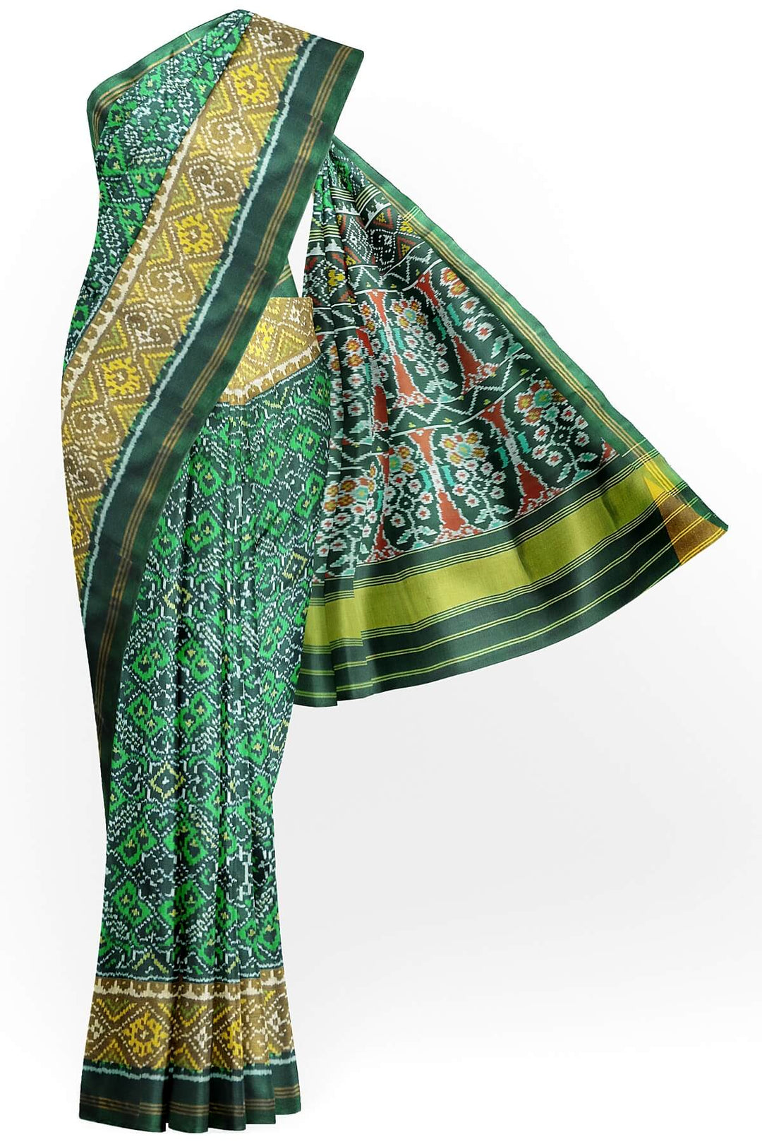 Handwoven Patola pure silk saree in  green in pan bhat  pattern