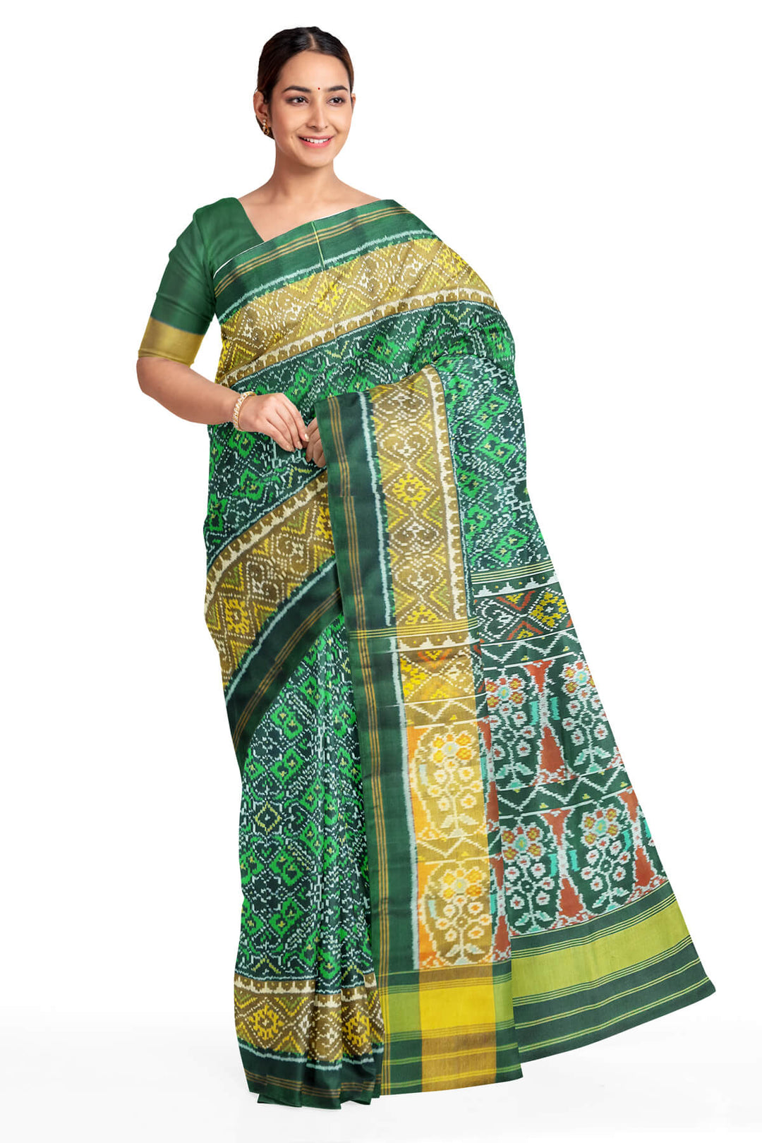 Handwoven Patola pure silk saree in  green in pan bhat  pattern