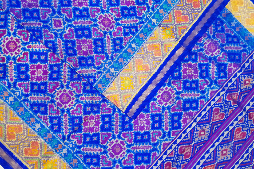 Handwoven Patola pure silk saree in blue  in pan bhat   pattern