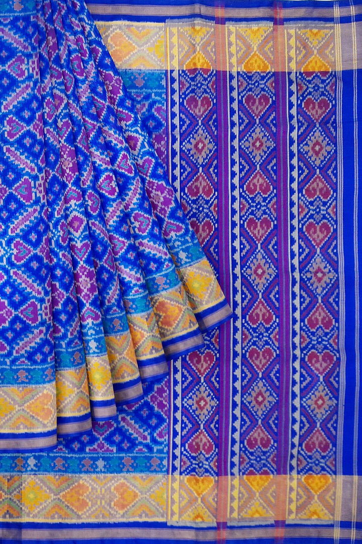 Handwoven Patola pure silk saree in blue  in pan bhat   pattern