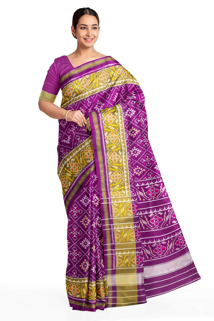 Handwoven Patola pure silk saree in purple  in diamond  pattern