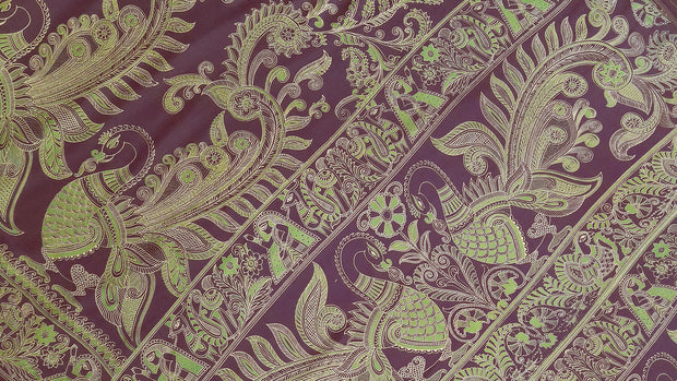 Pure silk saree in dark wine & green with peacock motifs  in satin weave