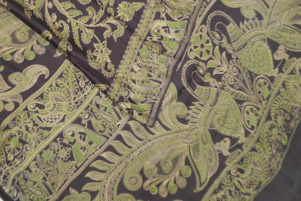 Pure silk saree in dark wine & green with peacock motifs  in satin weave