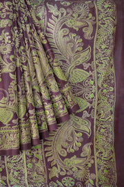 Pure silk saree in dark wine & green with peacock motifs  in satin weave