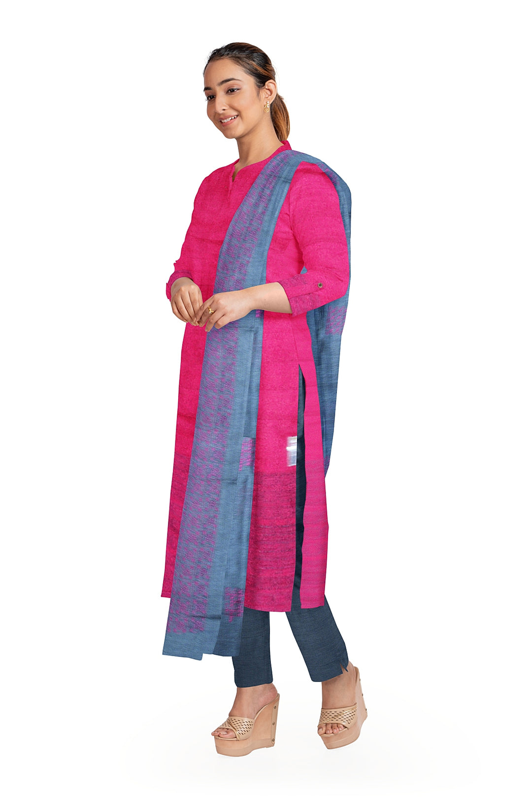 Tussar pure silk  3 piece salwar suit material in pink  & grey