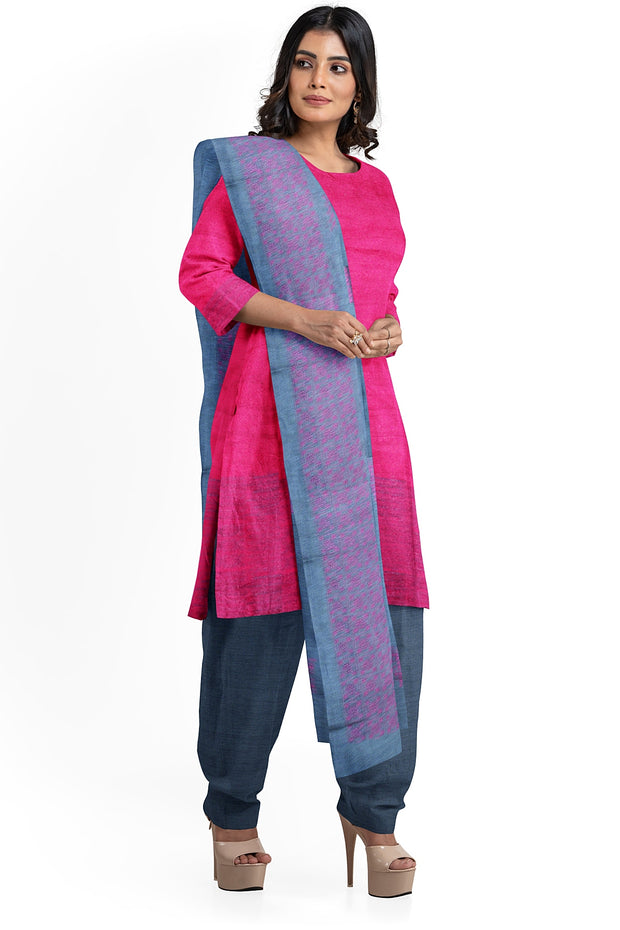 Tussar pure silk  3 piece salwar suit material in pink  & grey