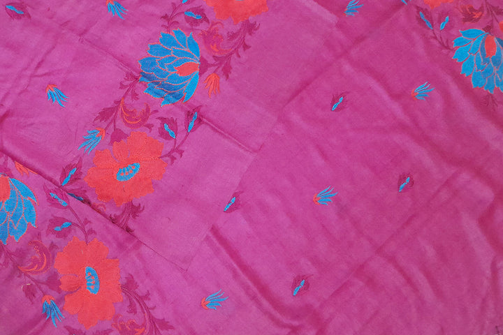 Handloom tussar pure silk dupatta in pink with floral embroidery work