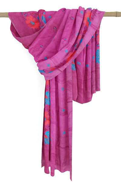 Handloom tussar pure silk dupatta in pink with floral embroidery work