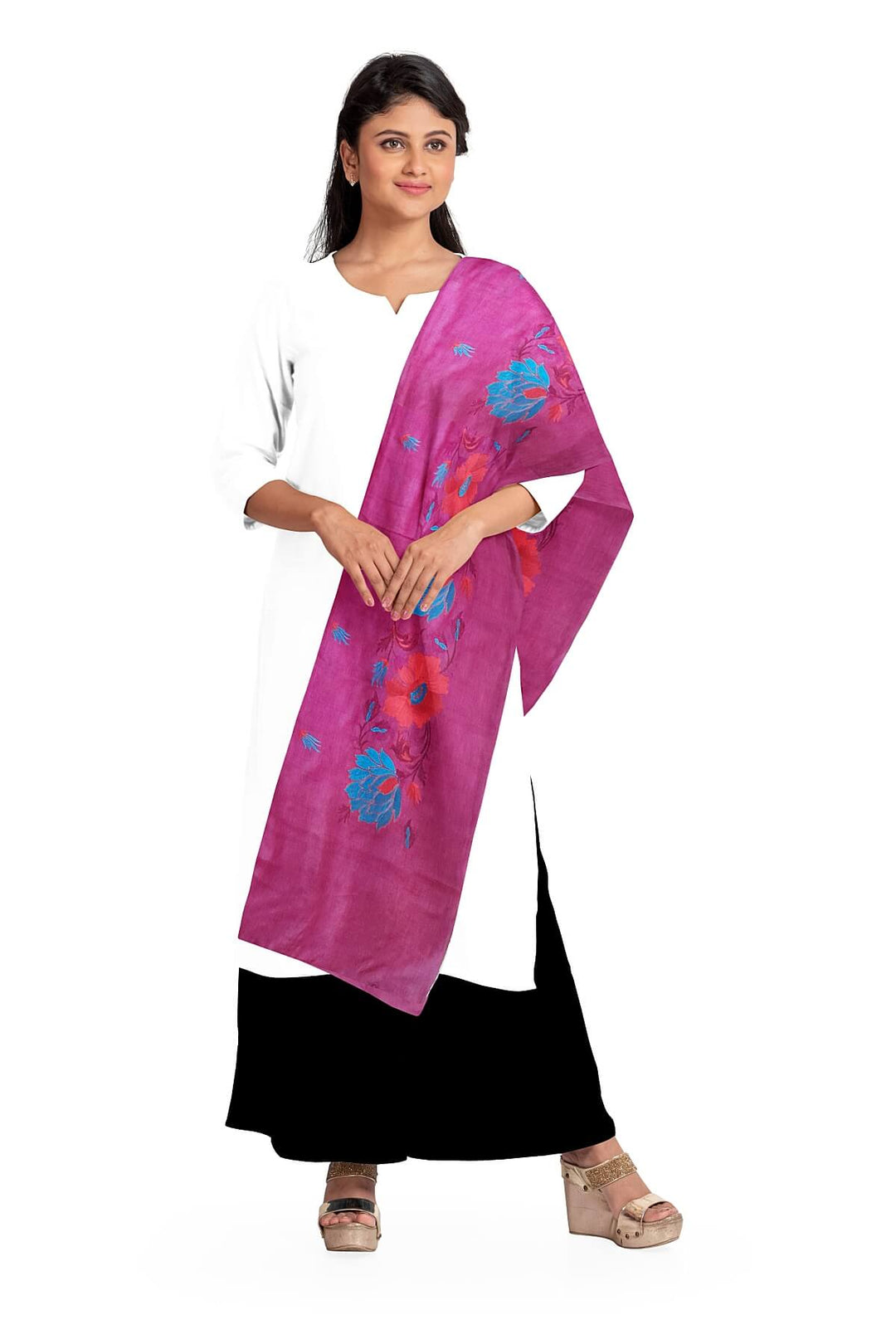 Handloom tussar pure silk dupatta in pink with floral embroidery work