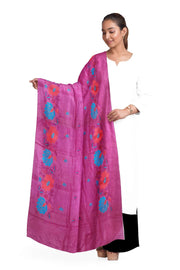 Handloom tussar pure silk dupatta in pink with floral embroidery work