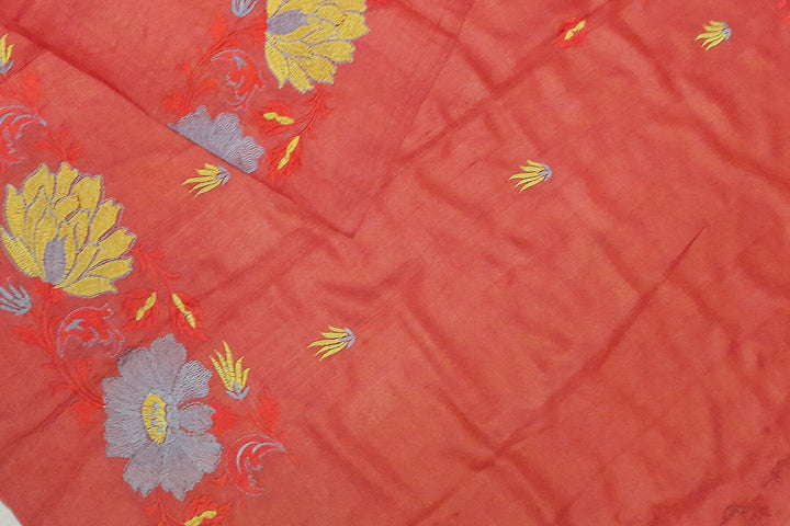 Handloom tussar pure silk dupatta in red with floral embroidery work