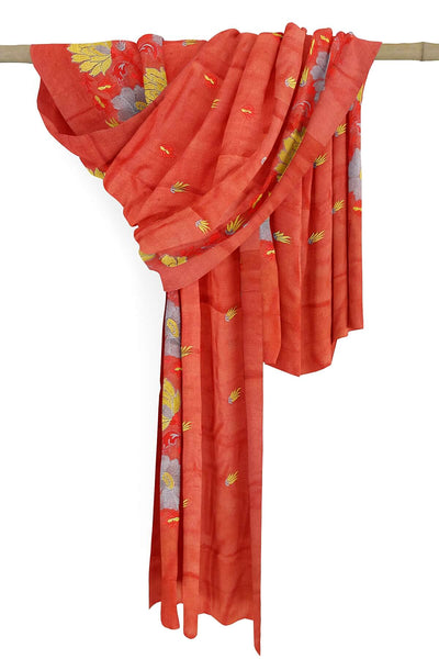 Handloom tussar pure silk dupatta in red with floral embroidery work