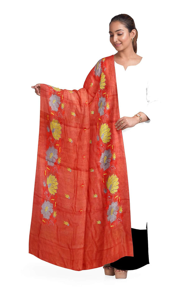 Handloom tussar pure silk dupatta in red with floral embroidery work
