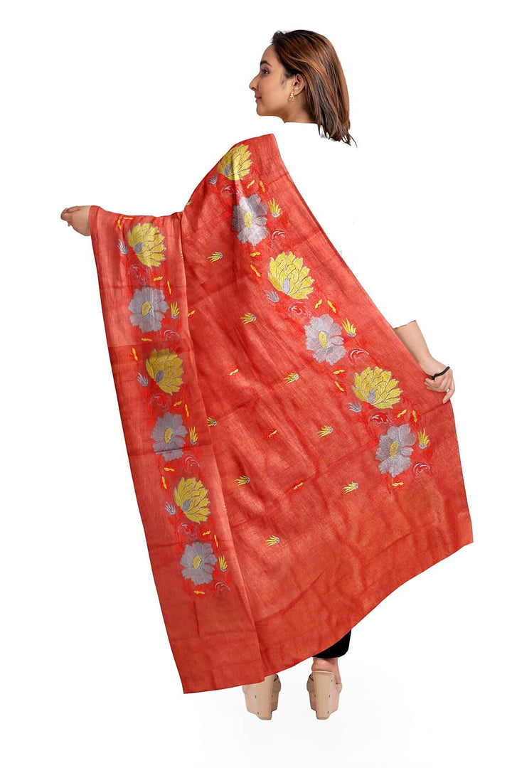 Handloom tussar pure silk dupatta in red with floral embroidery work