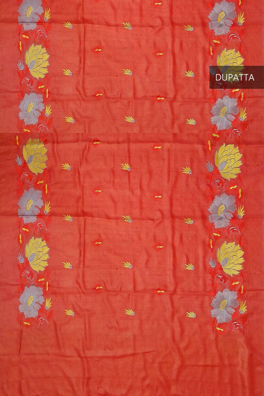 Handloom tussar pure silk dupatta in red with floral embroidery work