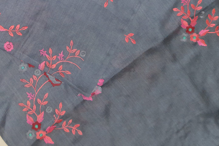 Handloom tussar pure silk dupatta in dark grey with floral embroidery work