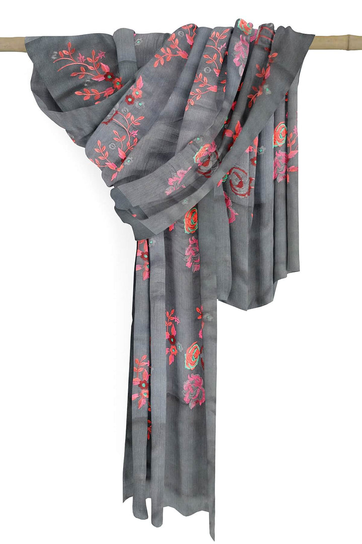 Handloom tussar pure silk dupatta in dark grey with floral embroidery work