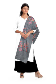 Handloom tussar pure silk dupatta in dark grey with floral embroidery work