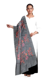 Handloom tussar pure silk dupatta in dark grey with floral embroidery work