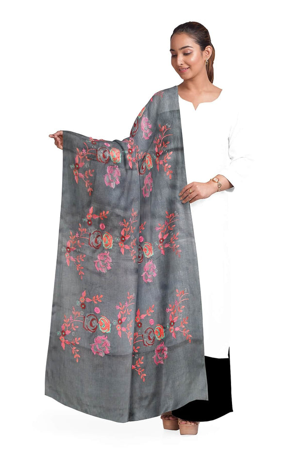 Handloom tussar pure silk dupatta in dark grey with floral embroidery work