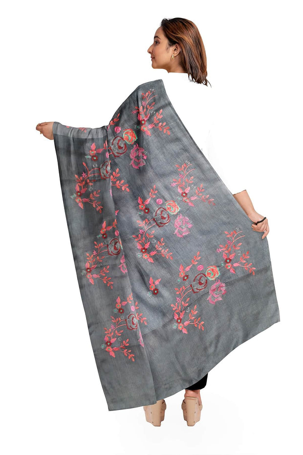 Handloom tussar pure silk dupatta in dark grey with floral embroidery work