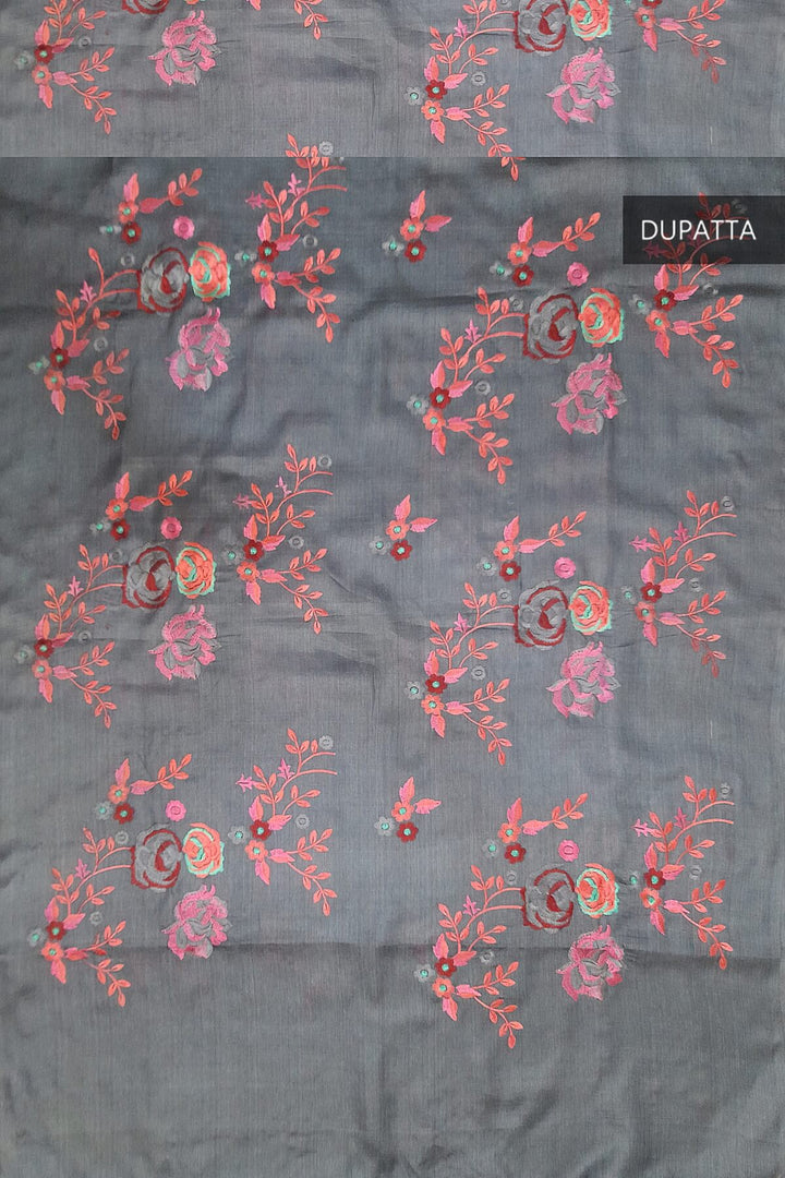 Handloom tussar pure silk dupatta in dark grey with floral embroidery work