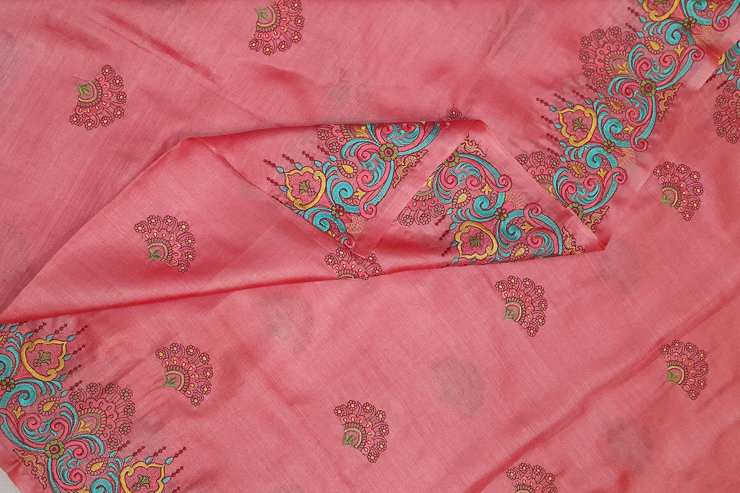 Handloom tussar pure silk dupatta in peach with floral embroidery work